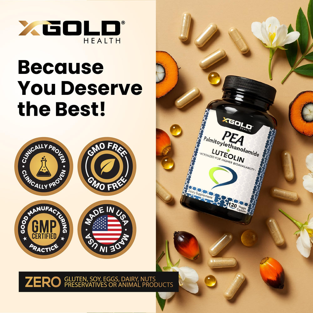 Close-up of luteolin powder showing a potent antioxidant blend from X Gold Health.