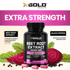 Packaging image shows X Gold Health beet root capsules ready for everyday wellness
