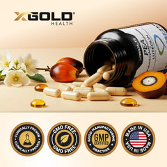 Packing of X Gold Health product emphasizes USA-made manufacturing and quality control.