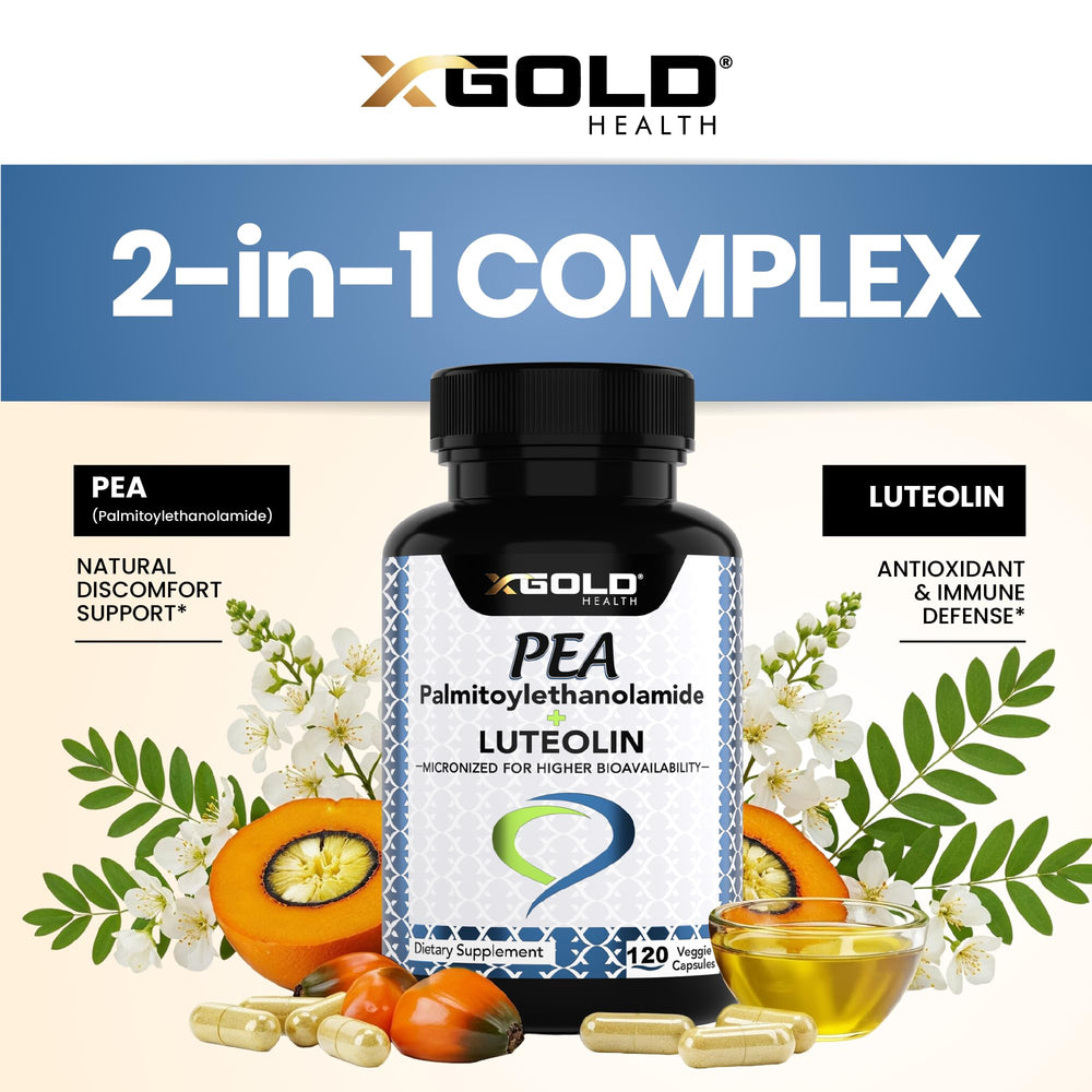 Back label of X Gold Health Palmitoylethanolamide capsules highlighting clean ingredients.