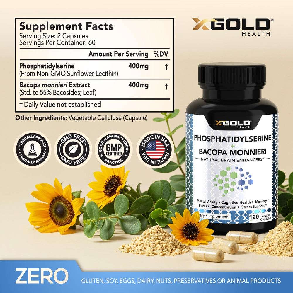 X Gold Health PS-Bacopa capsules close-up highlighting two-action brain support
