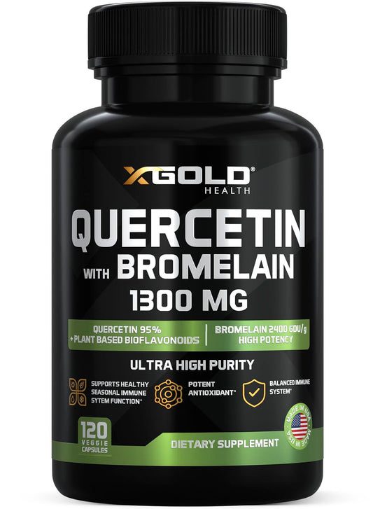 X Gold Health quercetin-bromelain capsules close-up, high-purity quercetin highlighted.