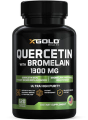 X Gold Health quercetin-bromelain capsules close-up, high-purity quercetin highlighted.