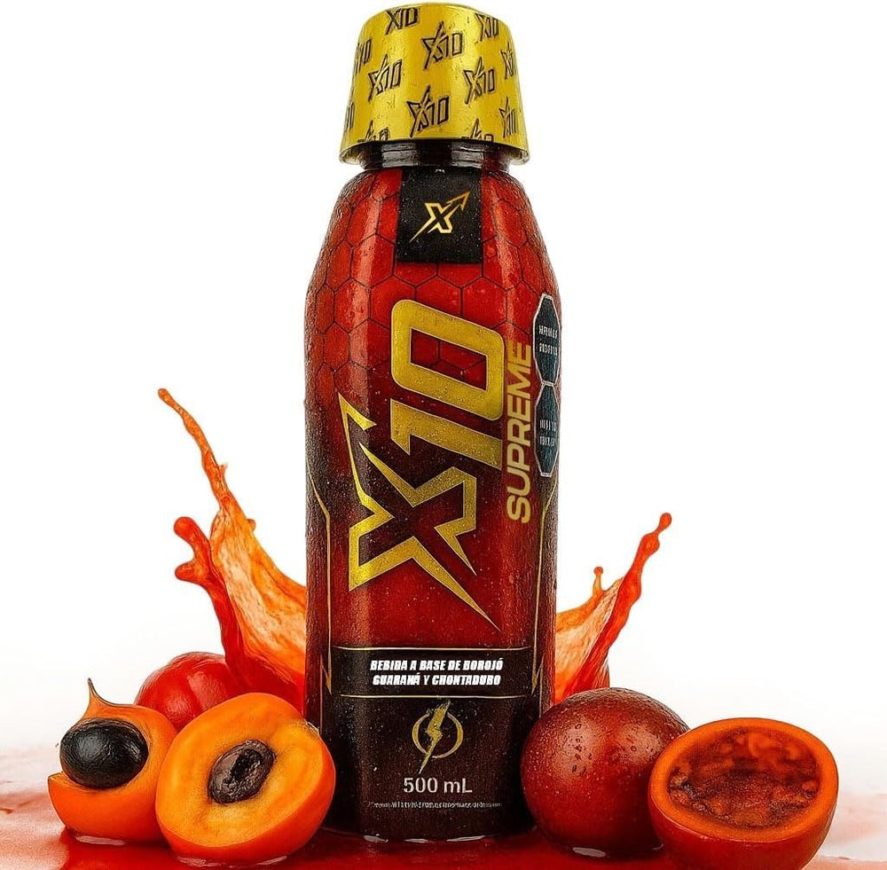 X10 Supreme Liquid 500ml bottle shown for on-the-go energy support.