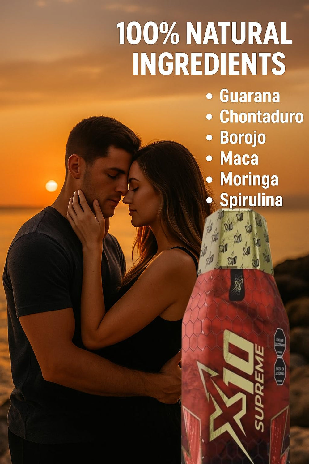 Close-up of X10 Supreme Liquid label highlighting natural ingredients.