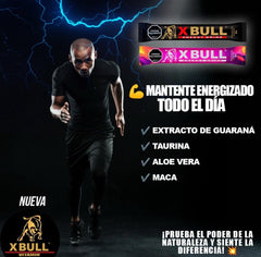 Xbull SACHETS on a desk with a glass of water for work breaks.