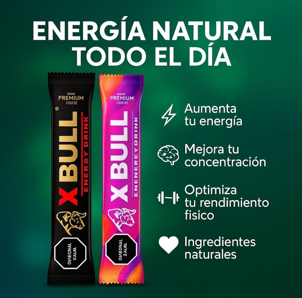 Xbull SACHETS ingredient label highlights Green Tea extract and L-Arginine benefits.