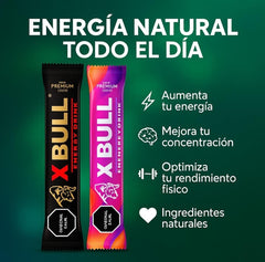 Xbull SACHETS ingredient label highlights Green Tea extract and L-Arginine benefits.