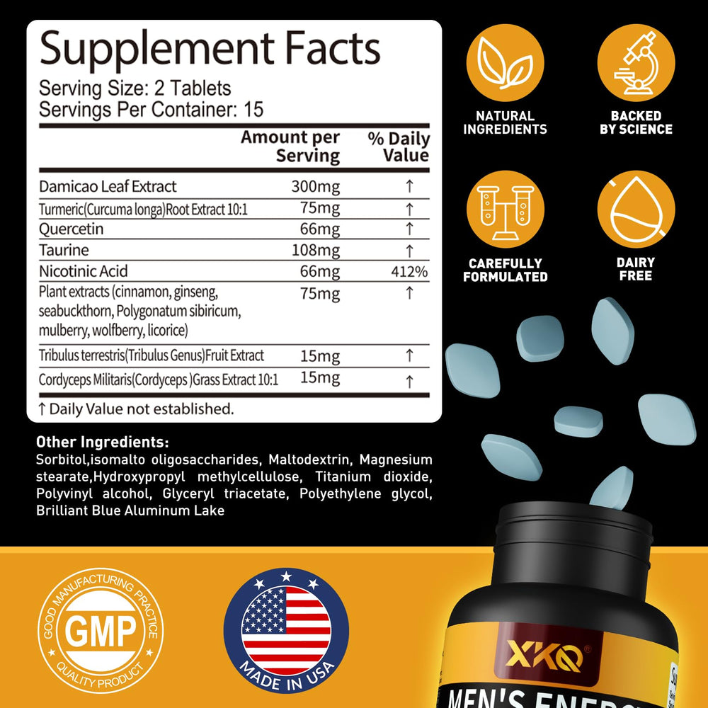 XKQ Men's Vitality bottle label close-up highlighting ingredients for stamina.