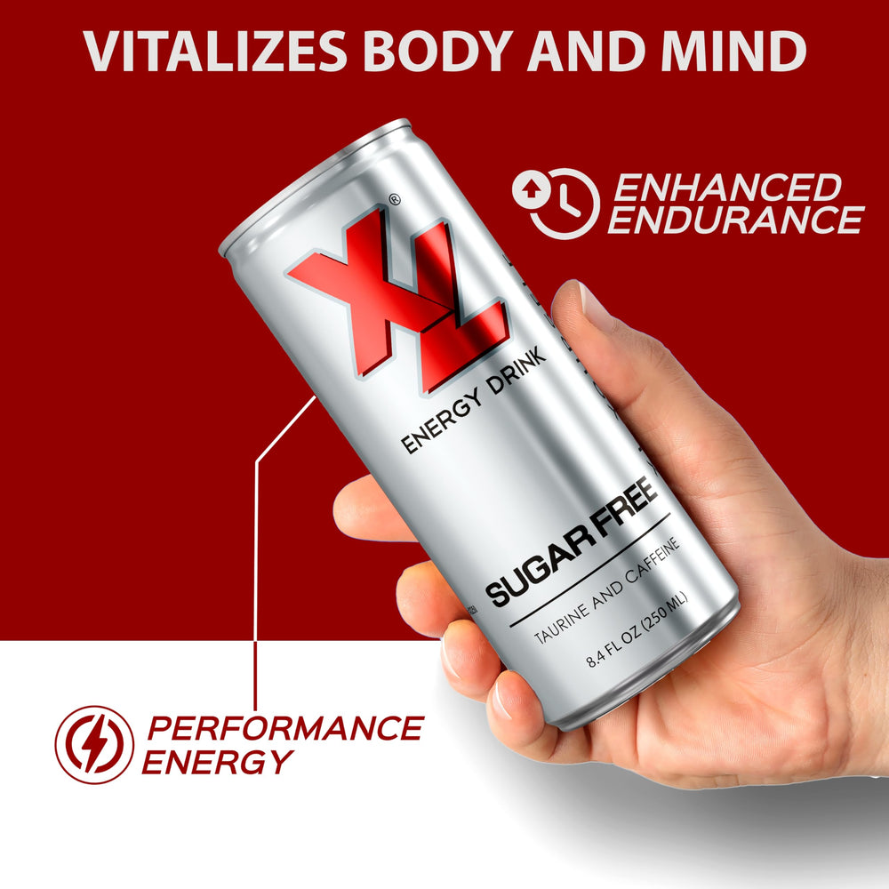 XL Energy Drink Sugar Free can shows zero sugar and low calories.