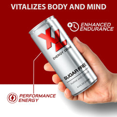 XL Energy Drink Sugar Free can shows zero sugar and low calories.
