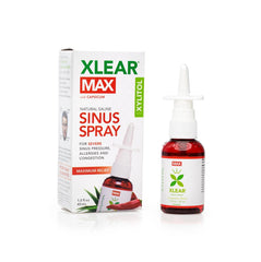 Xlear MAX nasal spray bottle front view for quick congestion relief.
