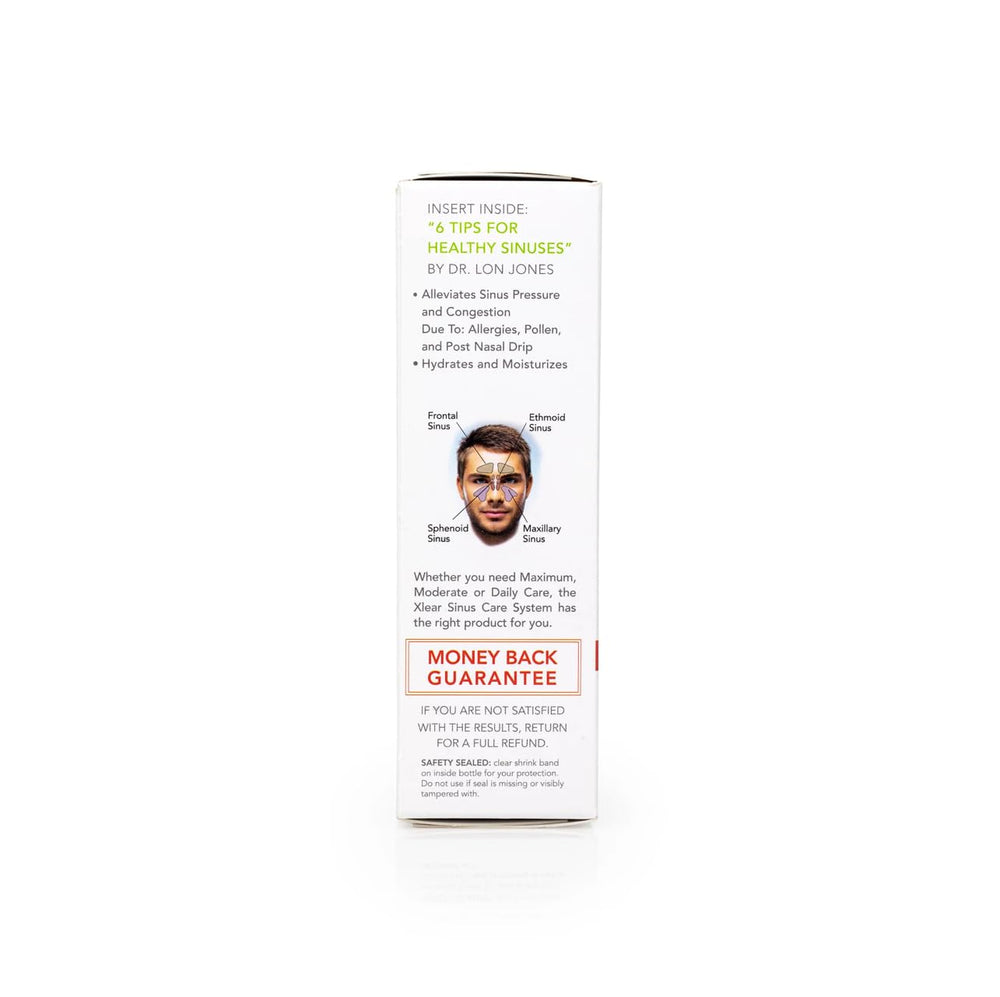 Xlear MAX usage step illustrating priming and 1–2 sprays per nostril.