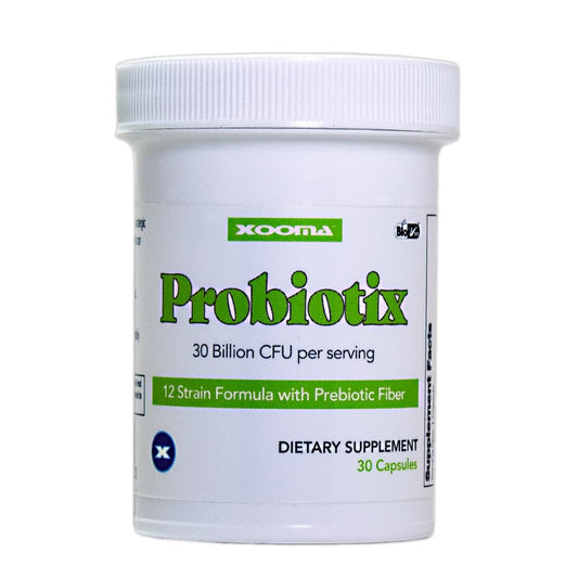 Xooma Probiotix bottle front promoting daily gut balance.