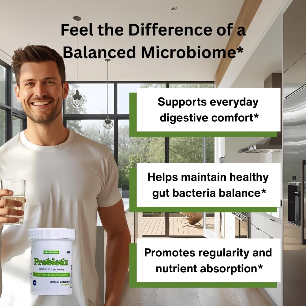 Lifestyle scene with meals and Probiotix bottle highlighting digestive balance.