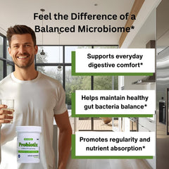 Lifestyle scene with meals and Probiotix bottle highlighting digestive balance.