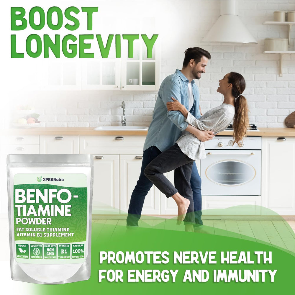 XPRS Nutra Benfotiamine powder being dispensed for quick mixing in drinks.