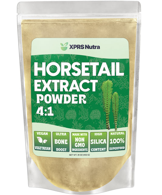 XPRS Nutra Horsetail Extract Powder bottle highlights high silica content for hair and nails.