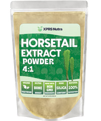 XPRS Nutra Horsetail Extract Powder bottle highlights high silica content for hair and nails.