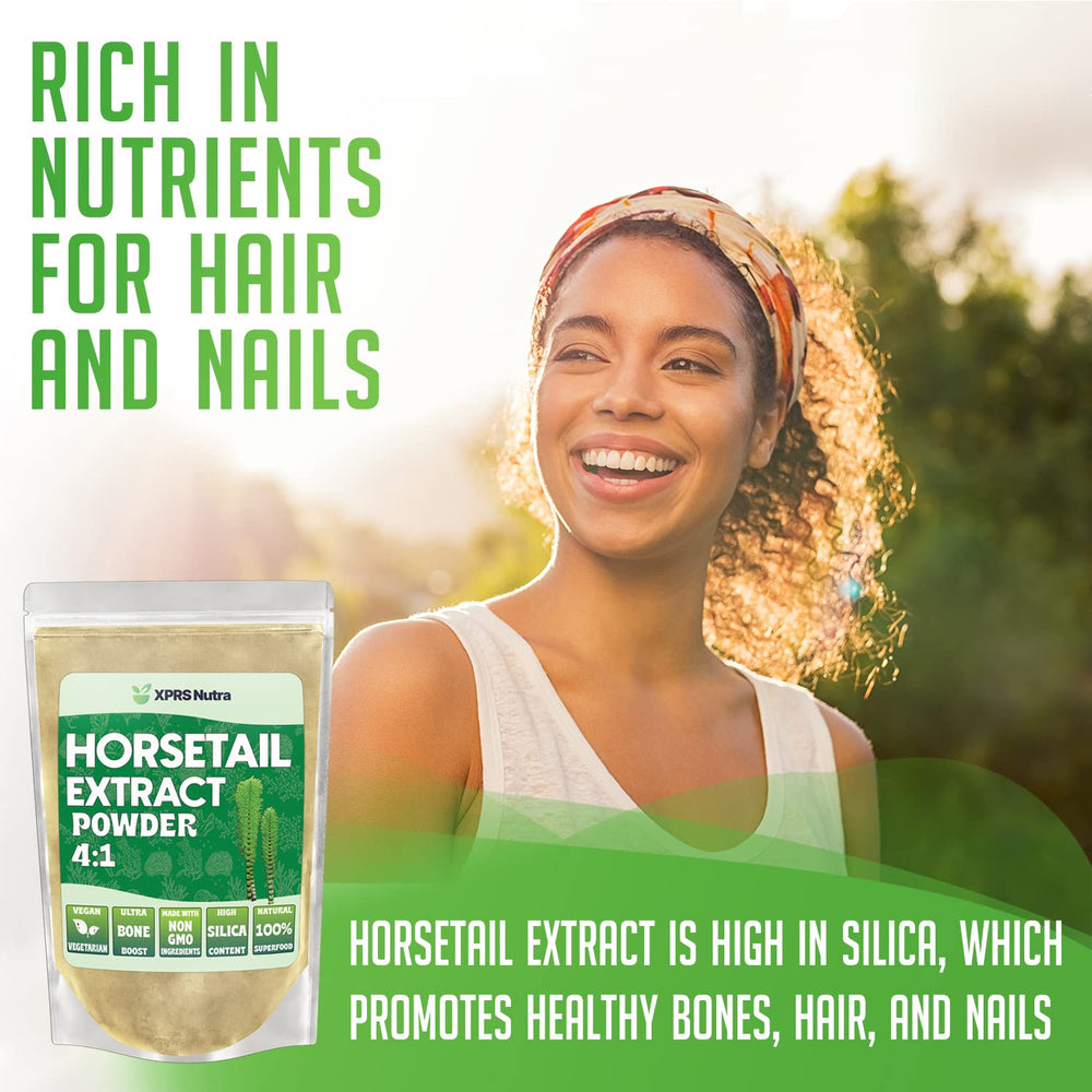 XPRS Nutra Horsetail Extract powder pour demonstrates convenient, mixable formula for daily shakes.