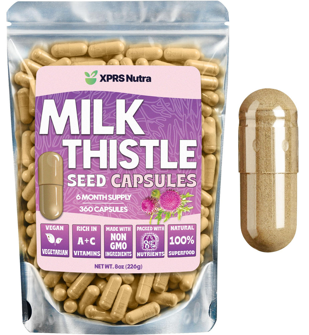 XPRS Nutra Milk Thistle bottle on a kitchen counter, with potential liver support benefits.