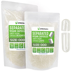 XPRS Nutra vegan size 000 separated capsules in bag front, ready for DIY filling.