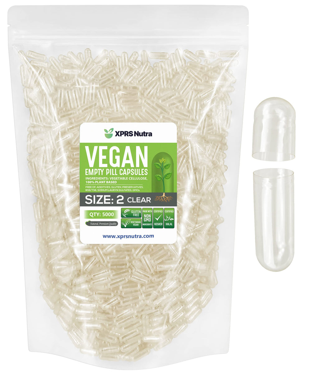XPRS Nutra size 2 empty capsules with clear shells for precise filling.