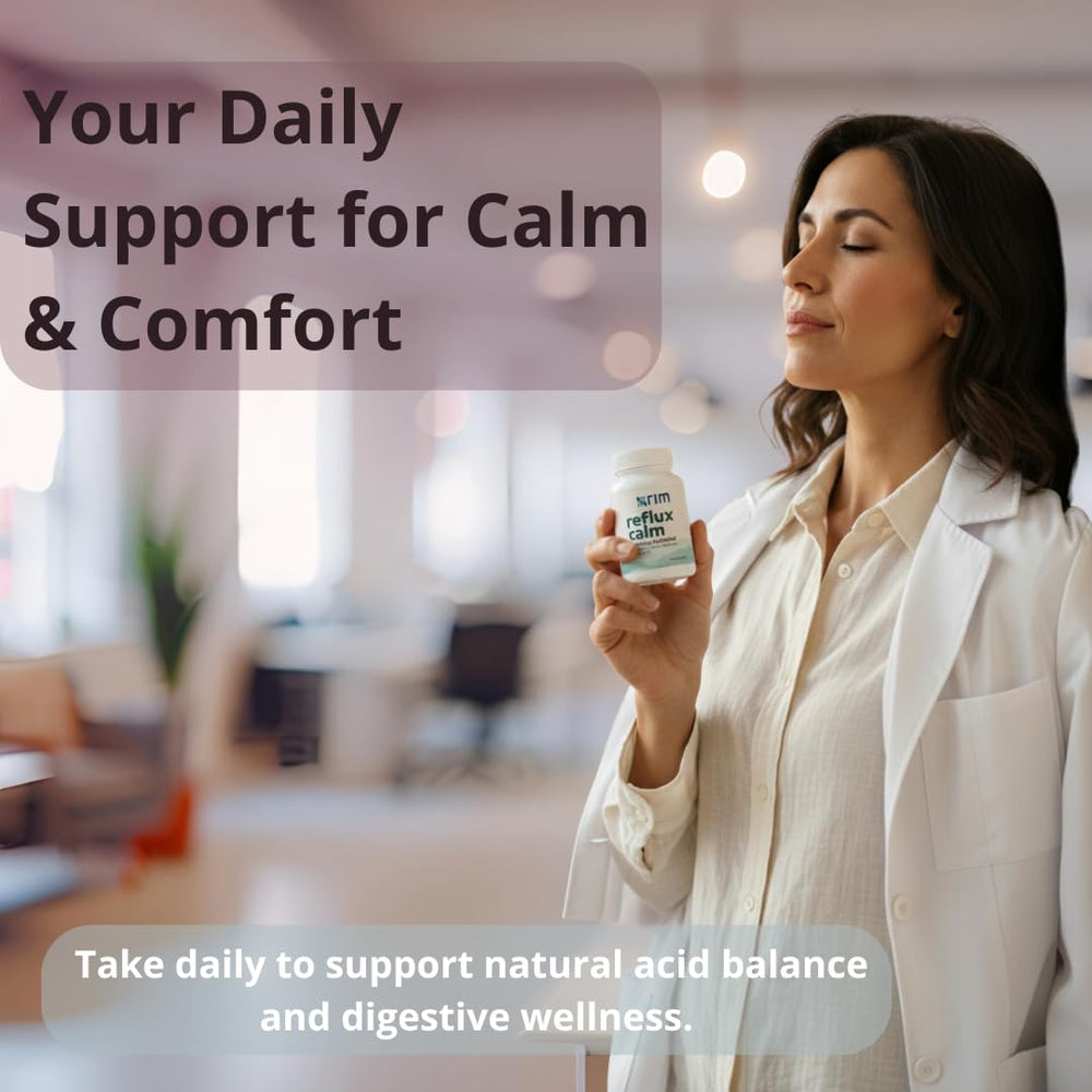 xrim Reflux Inhibitor in lifestyle scene with water, ready to take daily.