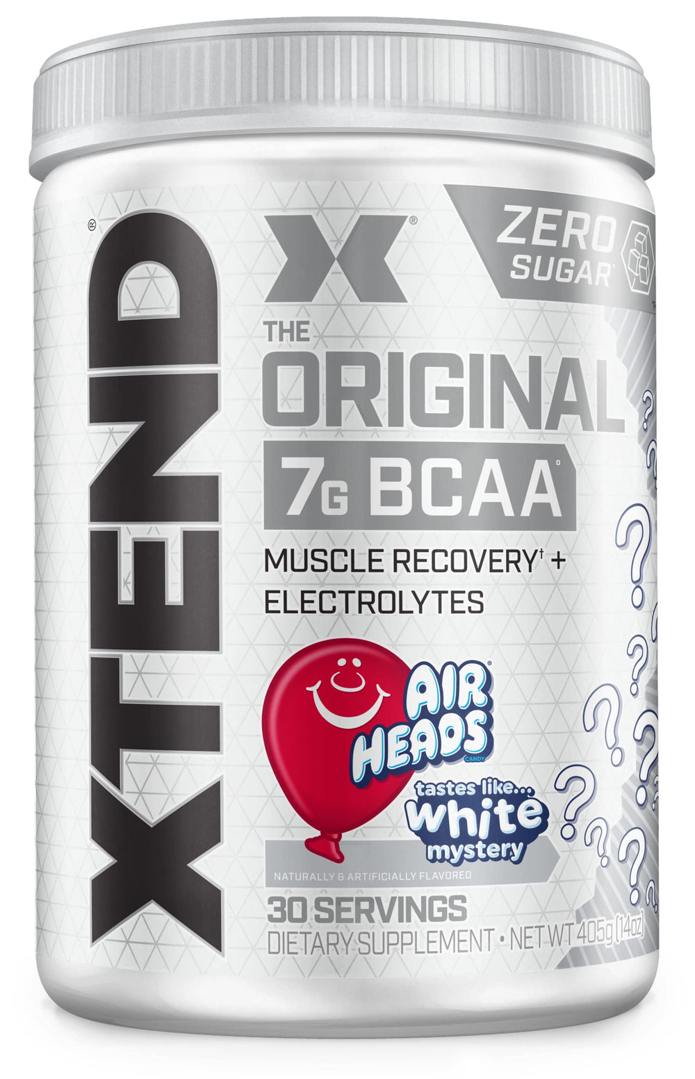 Xtend Airheads Candy powder jar shows the sugar-free BCAA mix for workouts.