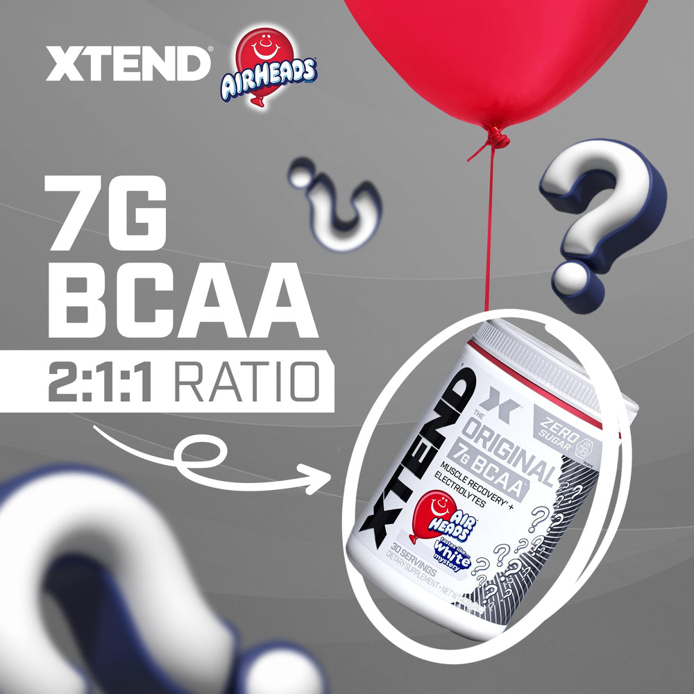 Xtend Airheads Candy scoop tub demonstrates easy serving for intra-workout routines.
