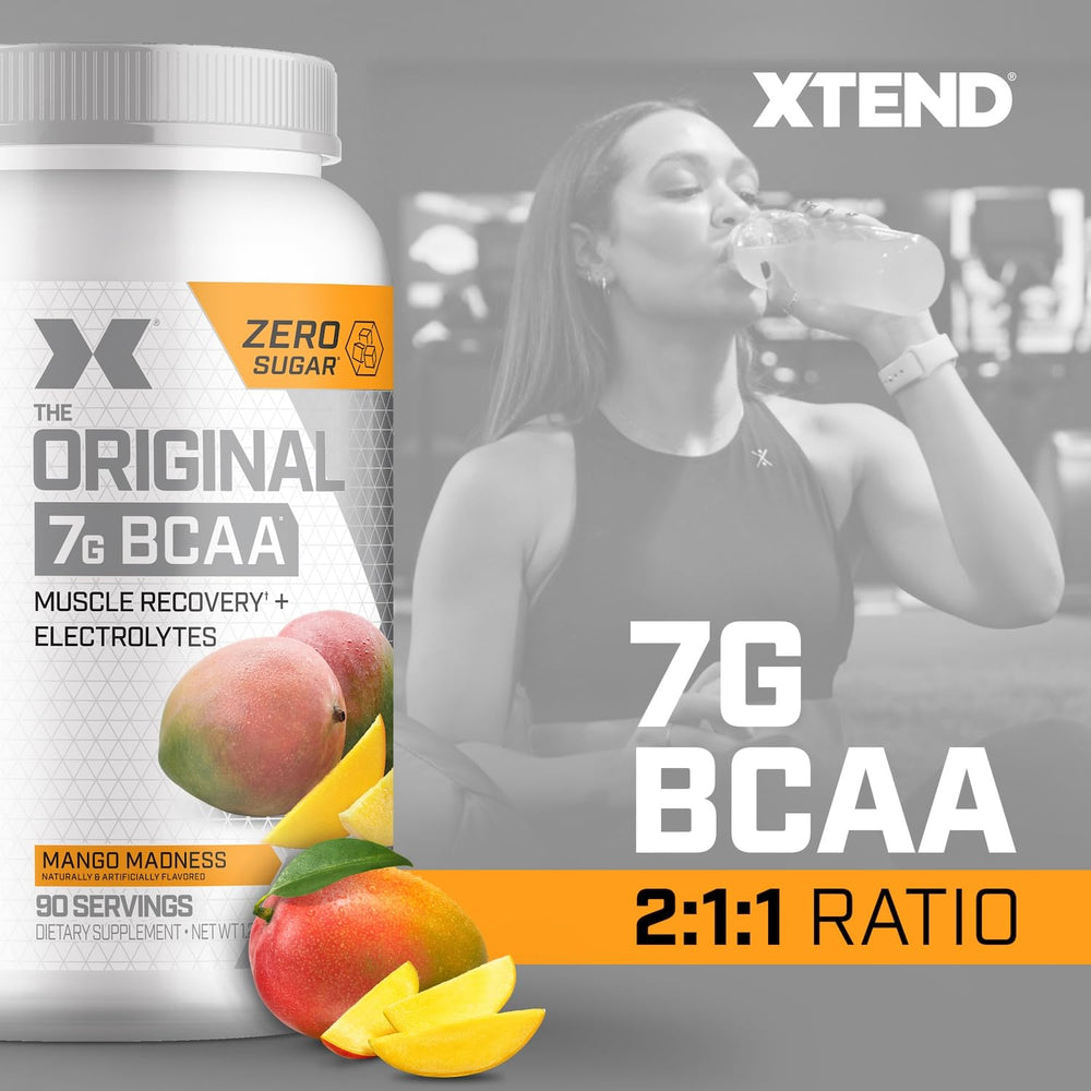 Xtend BCAA Powder Mango Madness mix in glass highlighting quick hydration between sets