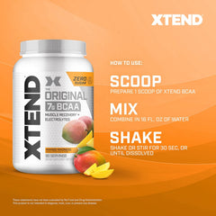Xtend BCAA Powder Mango Madness scoop beside tub for convenient daily use