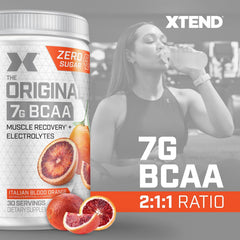 Xtend BCAAs powder tub ready for easy pre or post workout mixing.
