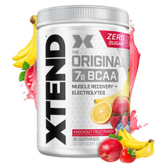 Xtend Original BCAA Powder bottle on countertop showing sugar-free recovery support.