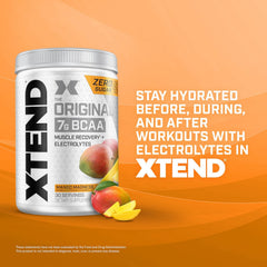Xtend Original BCAA nutrition panel shows 7g BCAAs and 2.5g glutamine.