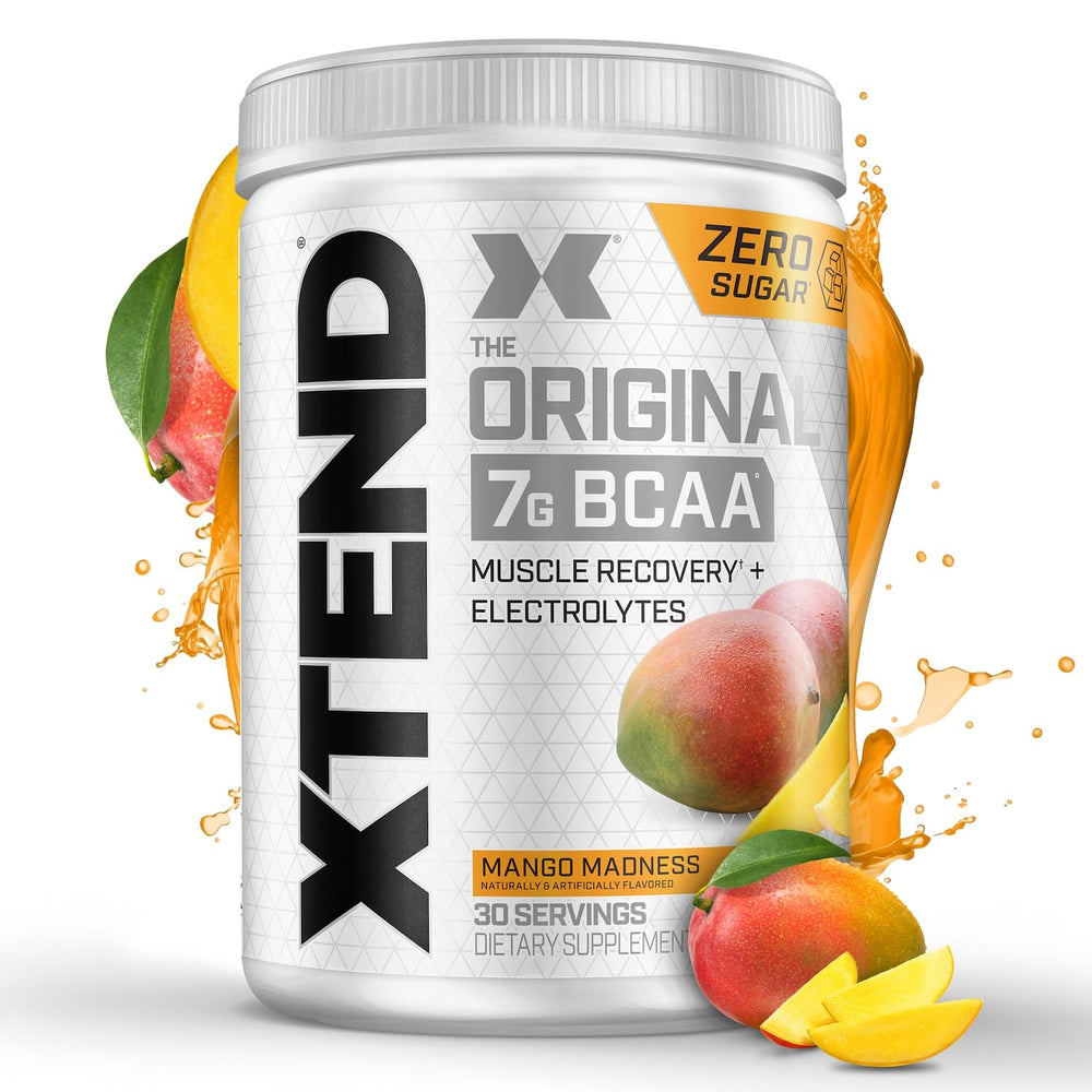 Xtend Original BCAA powder tub front showing Mango Madness flavor for intra-workout hydration.