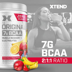 Xtend Original BCAA Tub label detail emphasizing 2.5g L-Glutamine for repair.