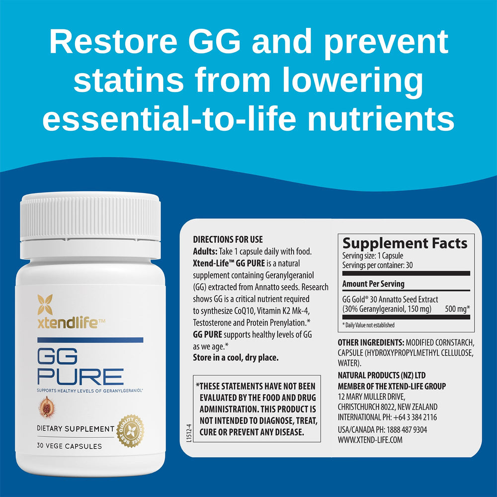Xtendlife GG Pure capsules close-up highlights easy-to-swallow daily dose.