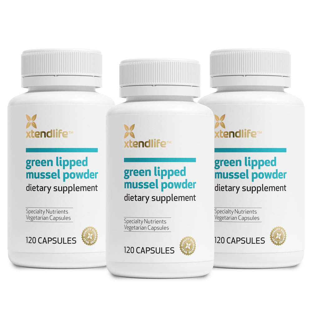 Xtendlife Green Lipped Mussel Powder bottle front showing NZ origin and potency.