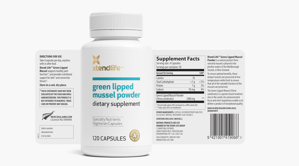 Xtendlife Green Lipped Mussel Powder bottle side view for easy dosing.