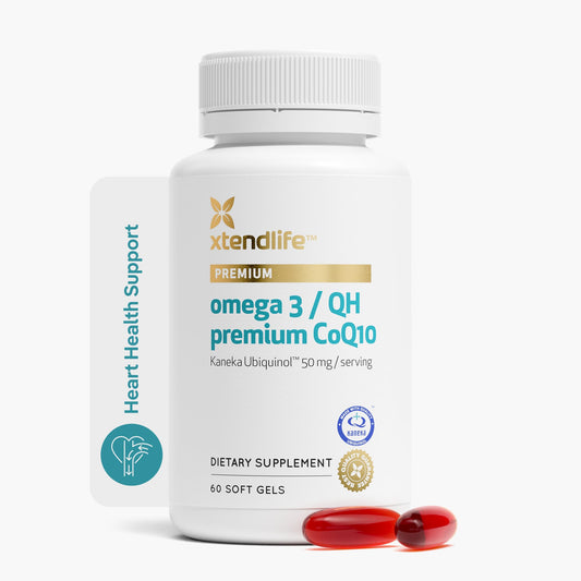 Xtendlife Omega3 QH bottle front suggesting heart and brain wellness with DHA and EPA