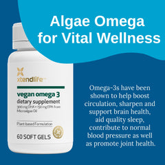 Xtendlife vegan Omega 3 algae sourcing label emphasizes sustainable production.