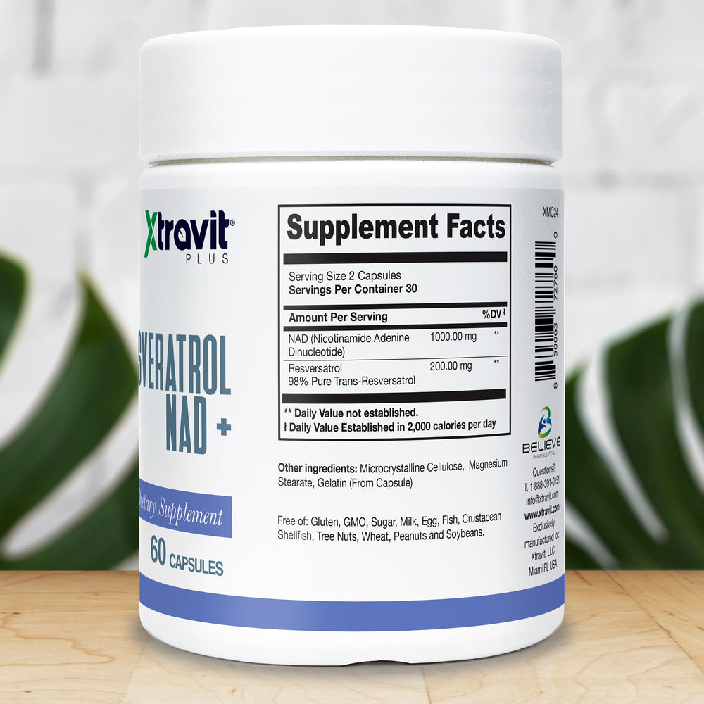 Xtravit Resveratrol NAD+ bottle back details for daily wellness information