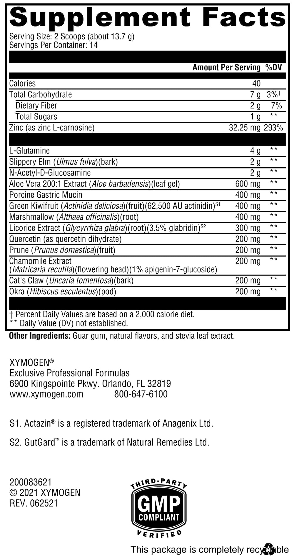 XYMOGEN GI Balance label close-up highlighting a clean, allergen-free formula.