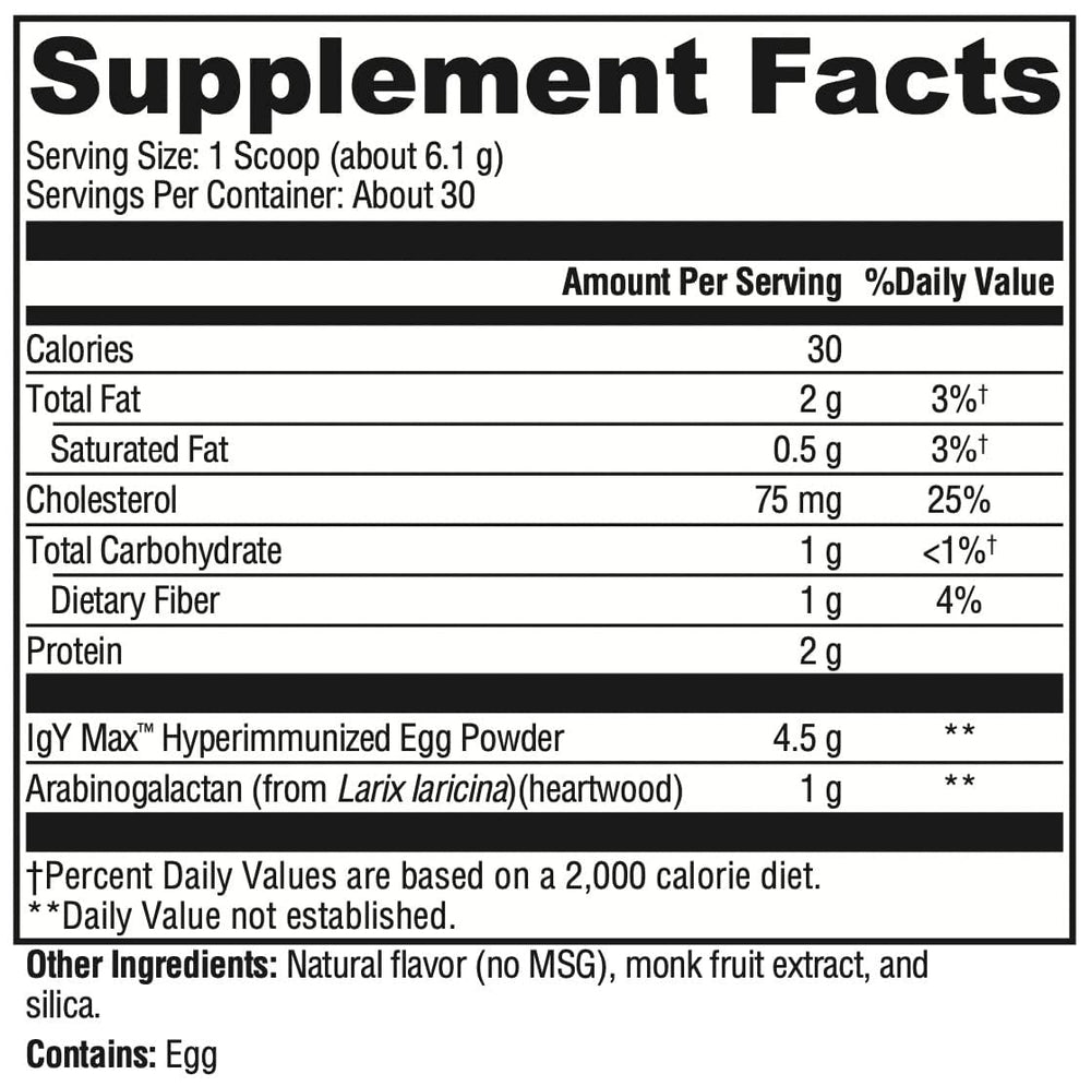 XYMOGEN IG 26 Plus DF label highlighting key ingredients like IgY Max and arabinogalactan.