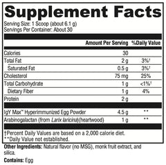 XYMOGEN IG 26 Plus DF label highlighting key ingredients like IgY Max and arabinogalactan.