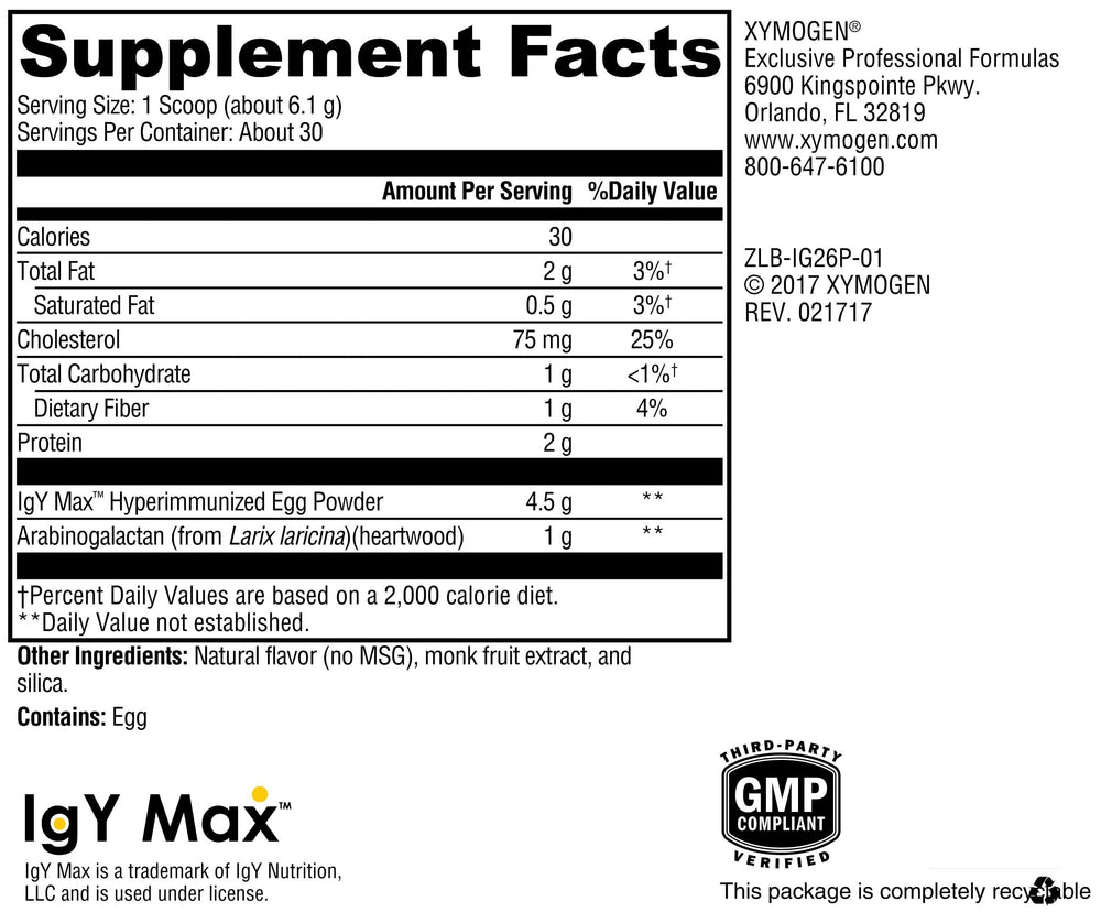 XYMOGEN IG 26 Plus DF scoop illustrating convenient, dairy-free daily intake.