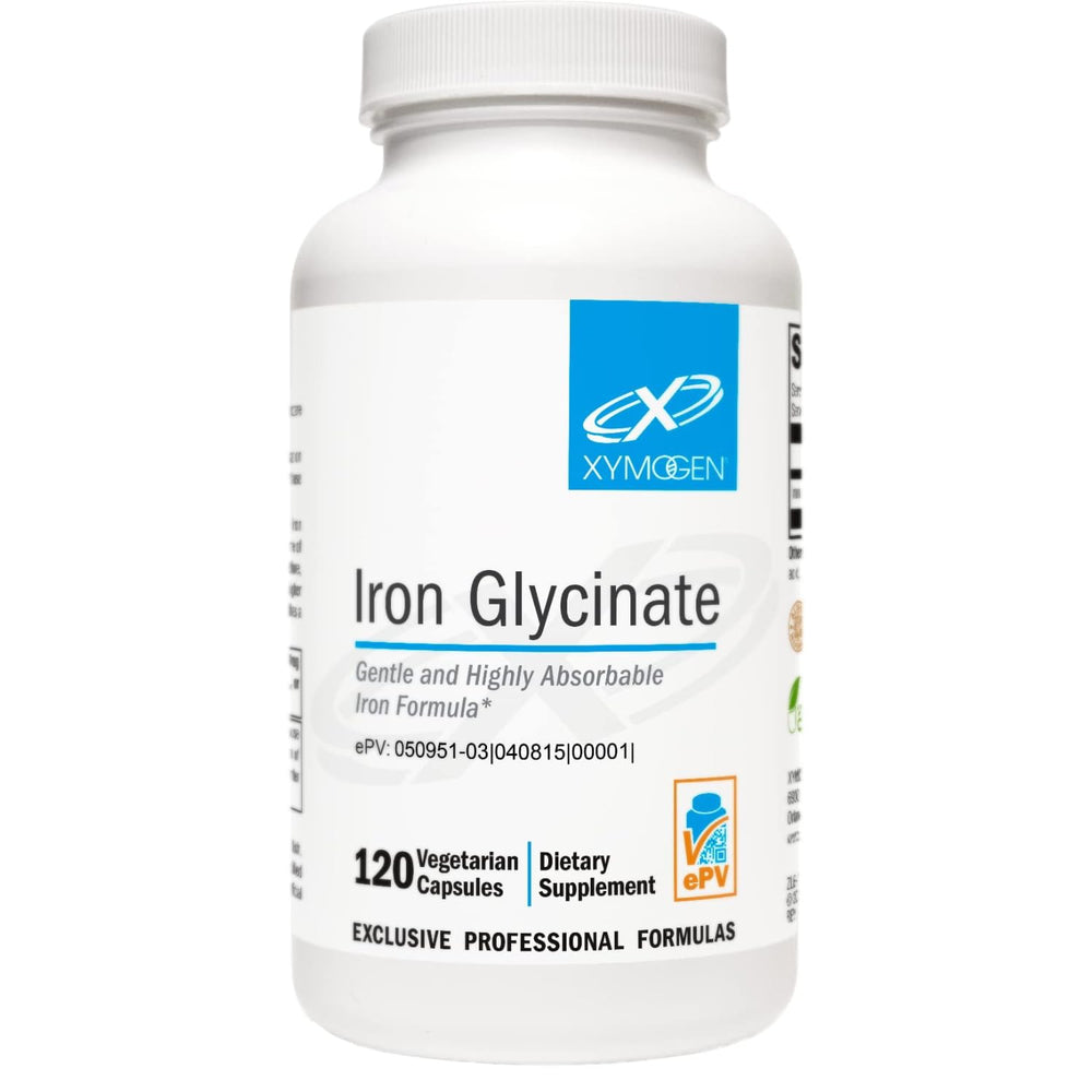 XYMOGEN Iron Glycinate bottle on shelf highlights high absorption potential.