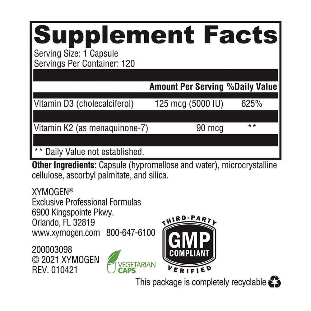XYMOGEN K2-D3 5000 bottle front, emphasis on MK-7 and D3 ingredients.