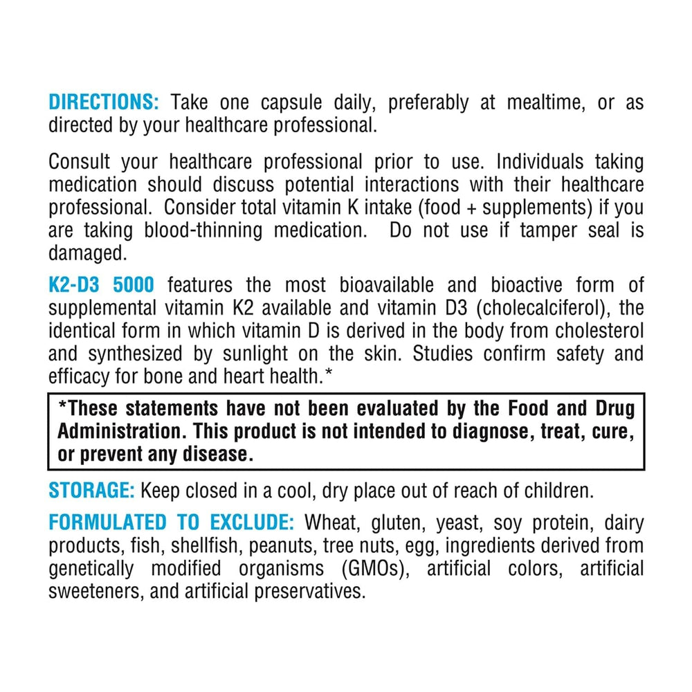 XYMOGEN K2-D3 5000 label detail with ingredients and dosage focus.